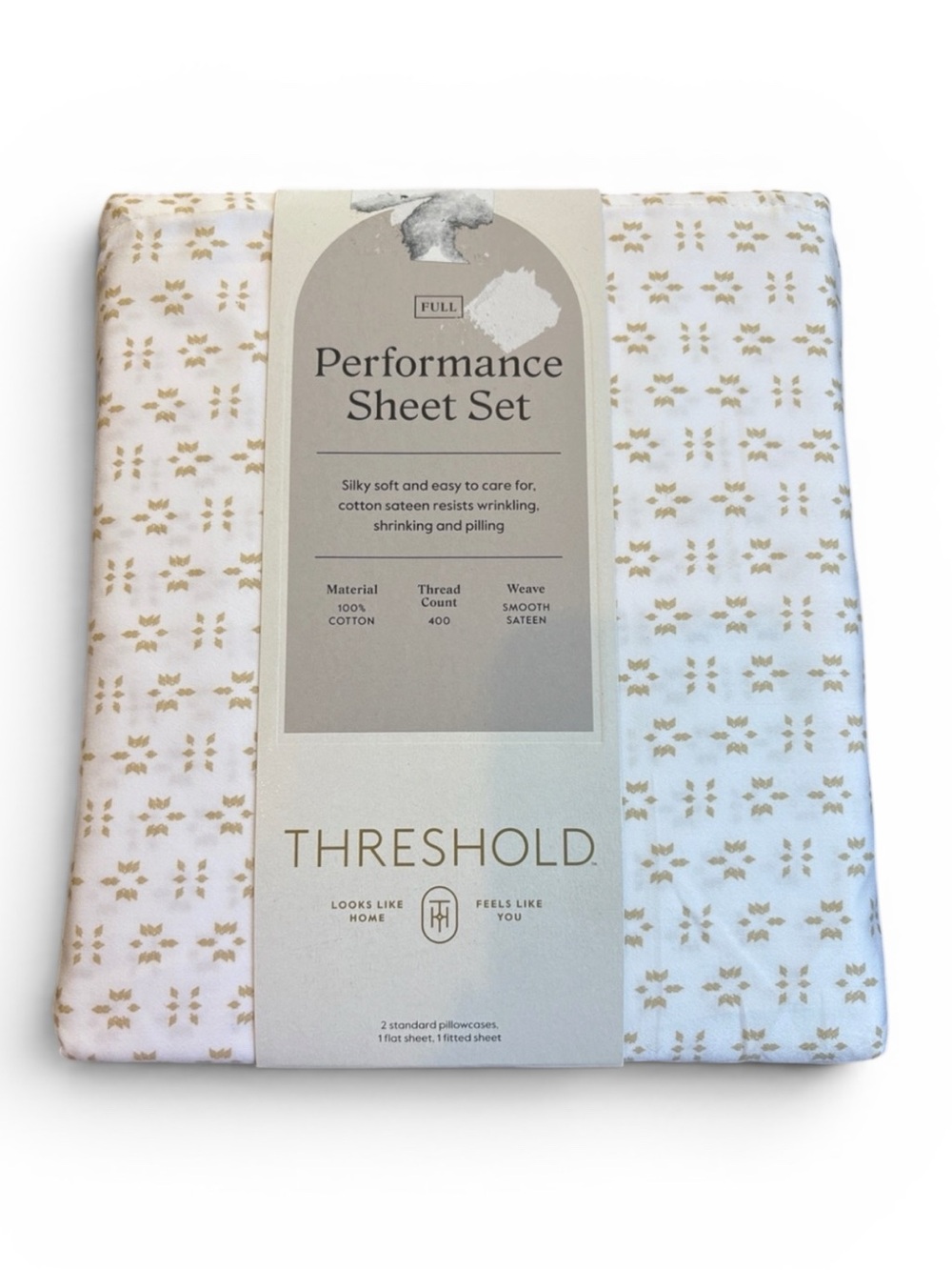 Threshold Performance Sheet Set Full 100% Cotton Smooth Sateen White/Gold NEW